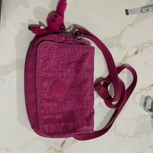 Kipling Magenta Nylon Crossbody Bag with Monkey Charm
